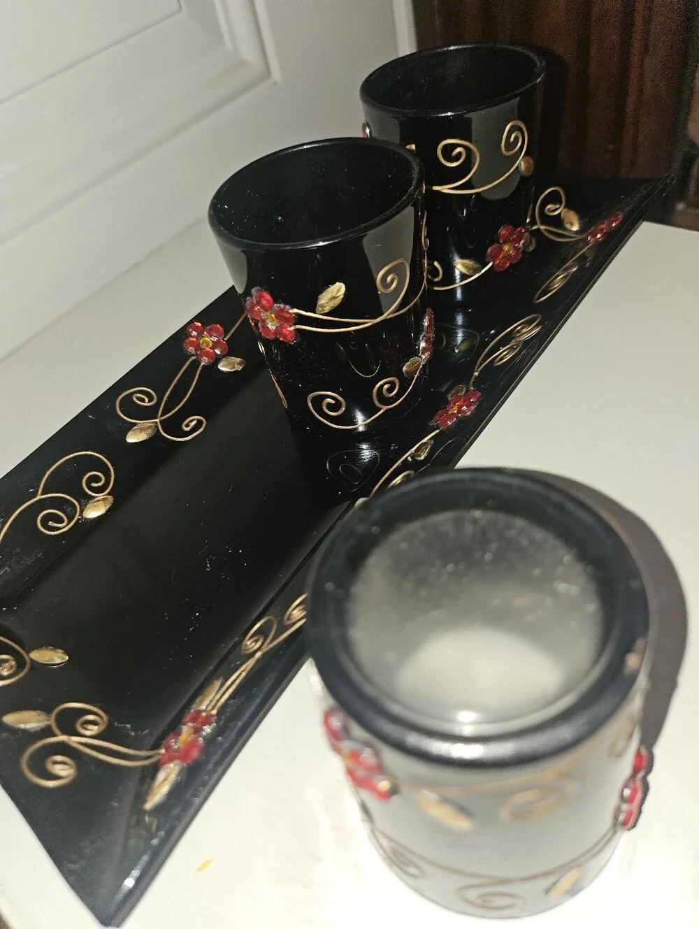 Black Glass Floral Candle Garden 4-Piece Set - New